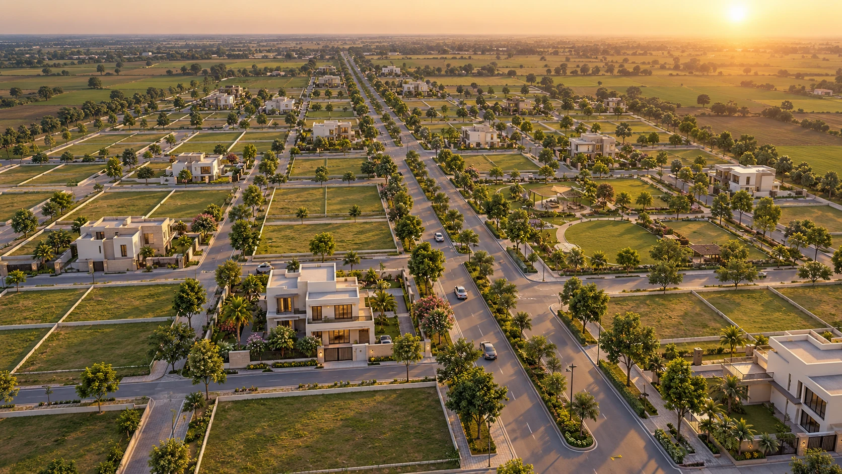 Original aerial concept showing planned streets, residential plots and green spaces