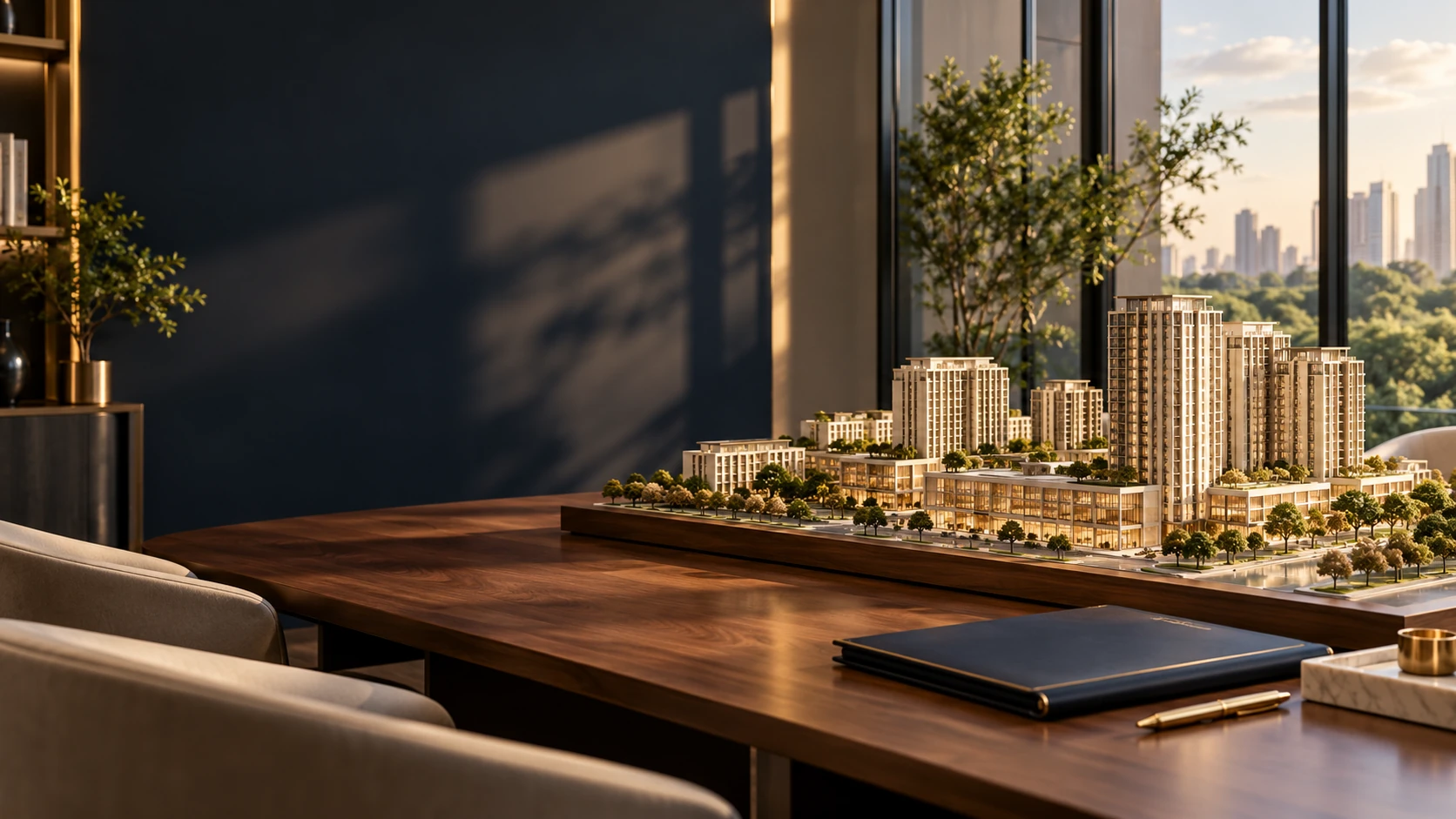 Architectural model and company documents illustrating business-level property planning