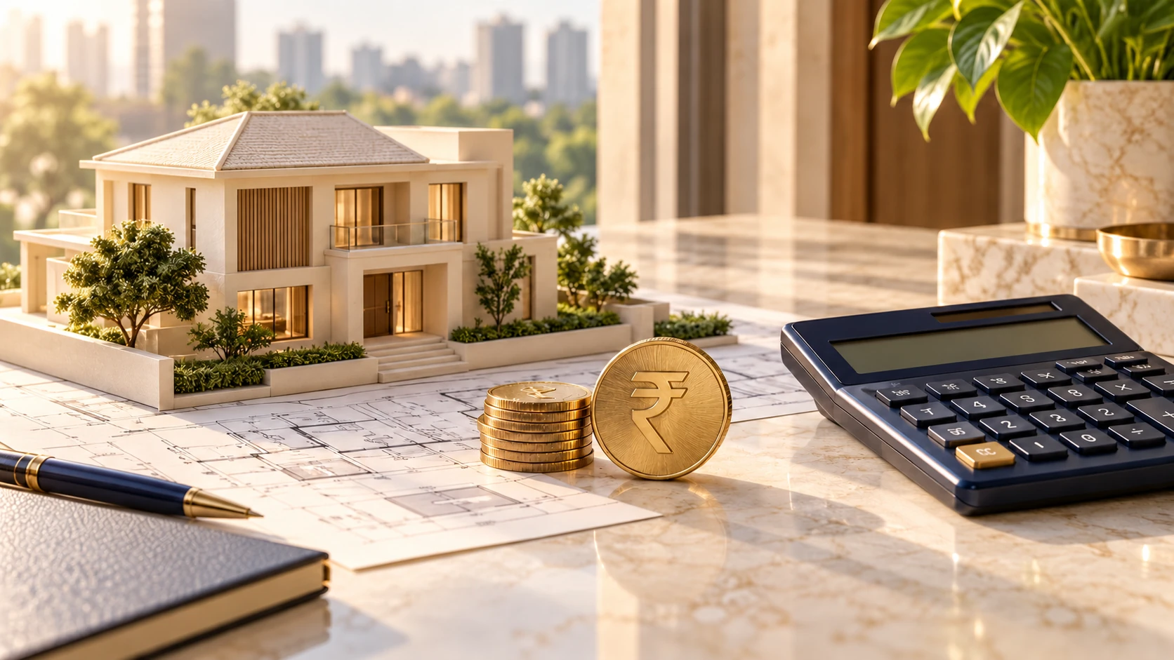 Property model, rupee token and calculator illustrating loan repayment planning