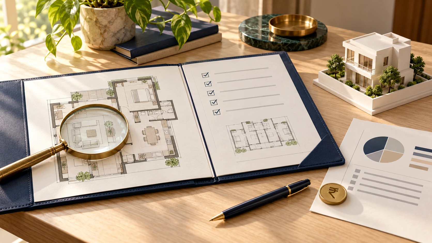Property plans, checklist and rupee token illustrating buyer research and purchase costs